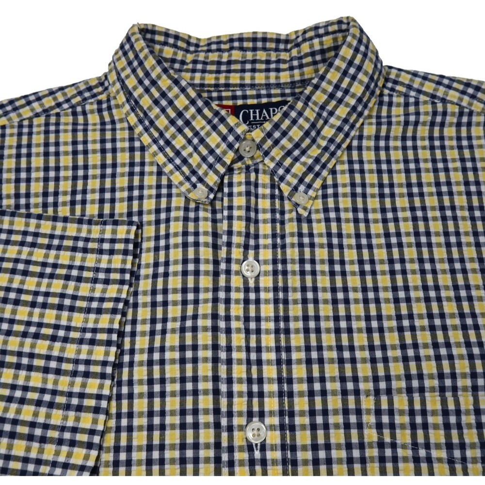 Chaps Short Sleeve Button-Down Shirt Men's Large Yellow/Black Plaid Seersucker